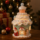 8IN Santa Cake House Figurine with Warm Yellow LED Lights Indoor Christmas Decor