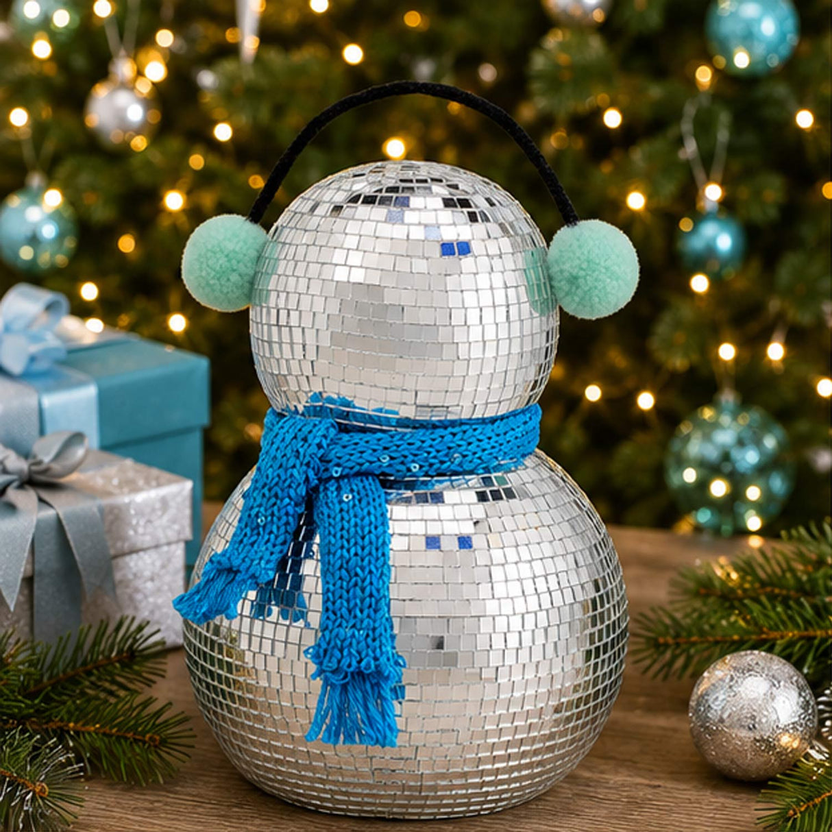 10IN Disco Snowman Figurine with Blue Scarf & Silver Ear Muffs Mirror Ball Holiday Decor