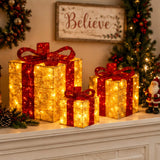 Pre-Lit Gold Gift Boxes Set of 3 with Red Bows 105 White Lights Christmas Decor Plug-In
