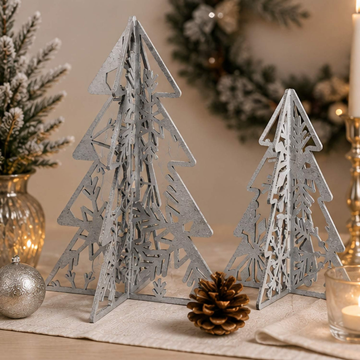 Set of 2 Silver Wooden Christmas Trees Table Decor 10IN & 7IN Modern Holiday Centerpiece