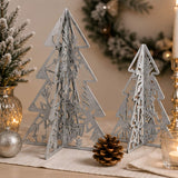 Set of 2 Silver Wooden Christmas Trees Table Decor 10IN & 7IN Modern Holiday Centerpiece