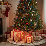 Pre Lit Gold Gift Box Set of 3 with Red Bow LED Decoration