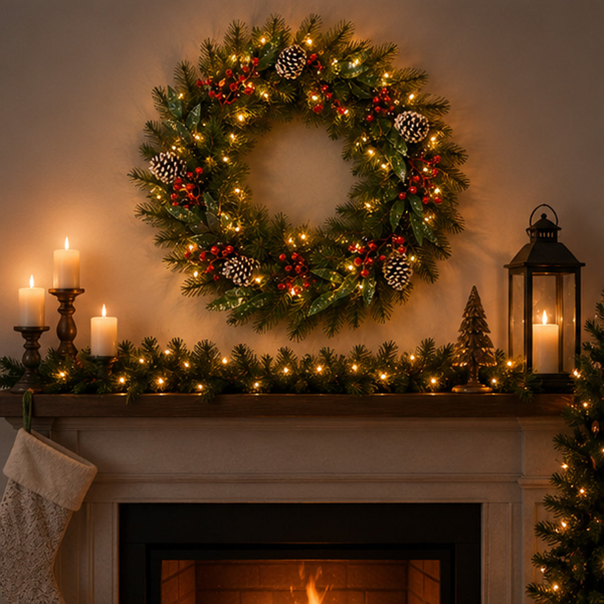 Pre-Lit 24 in. Frosted Pine Berry Christmas Wreath with Warm White LED Lights