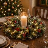 Pre-Lit 24 in. Crestwood Spruce Christmas Wreath with Warm White LED Lights, Battery Operated Timer Door Decoration