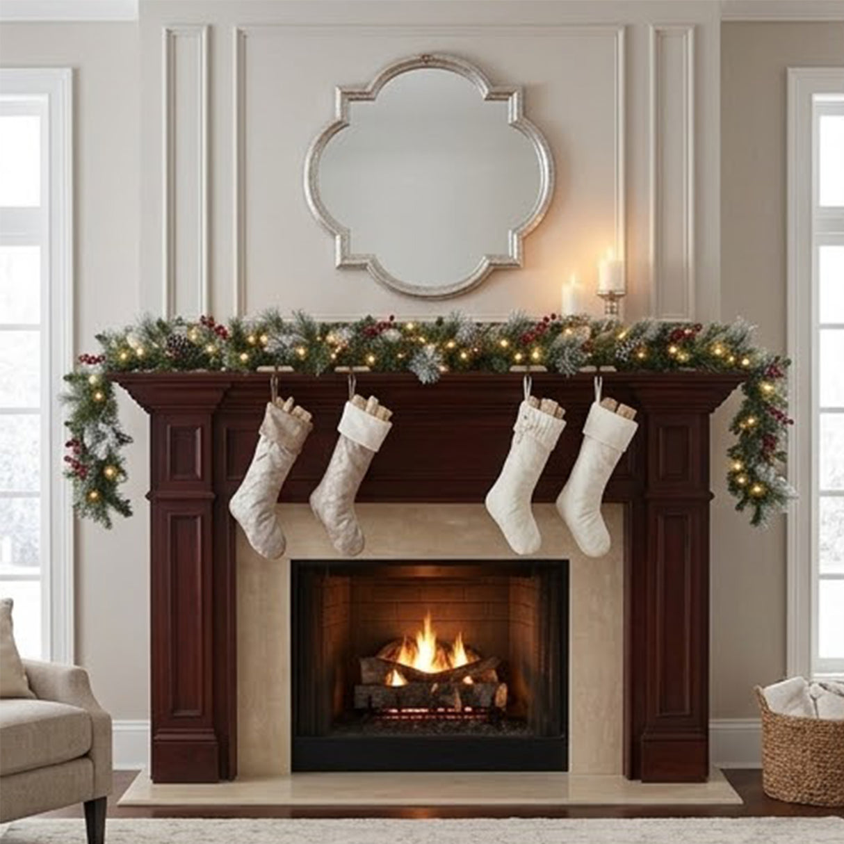 Pre-Lit Wintry Berry Garland with Clear Lights, 9 Foot (Plug-In)