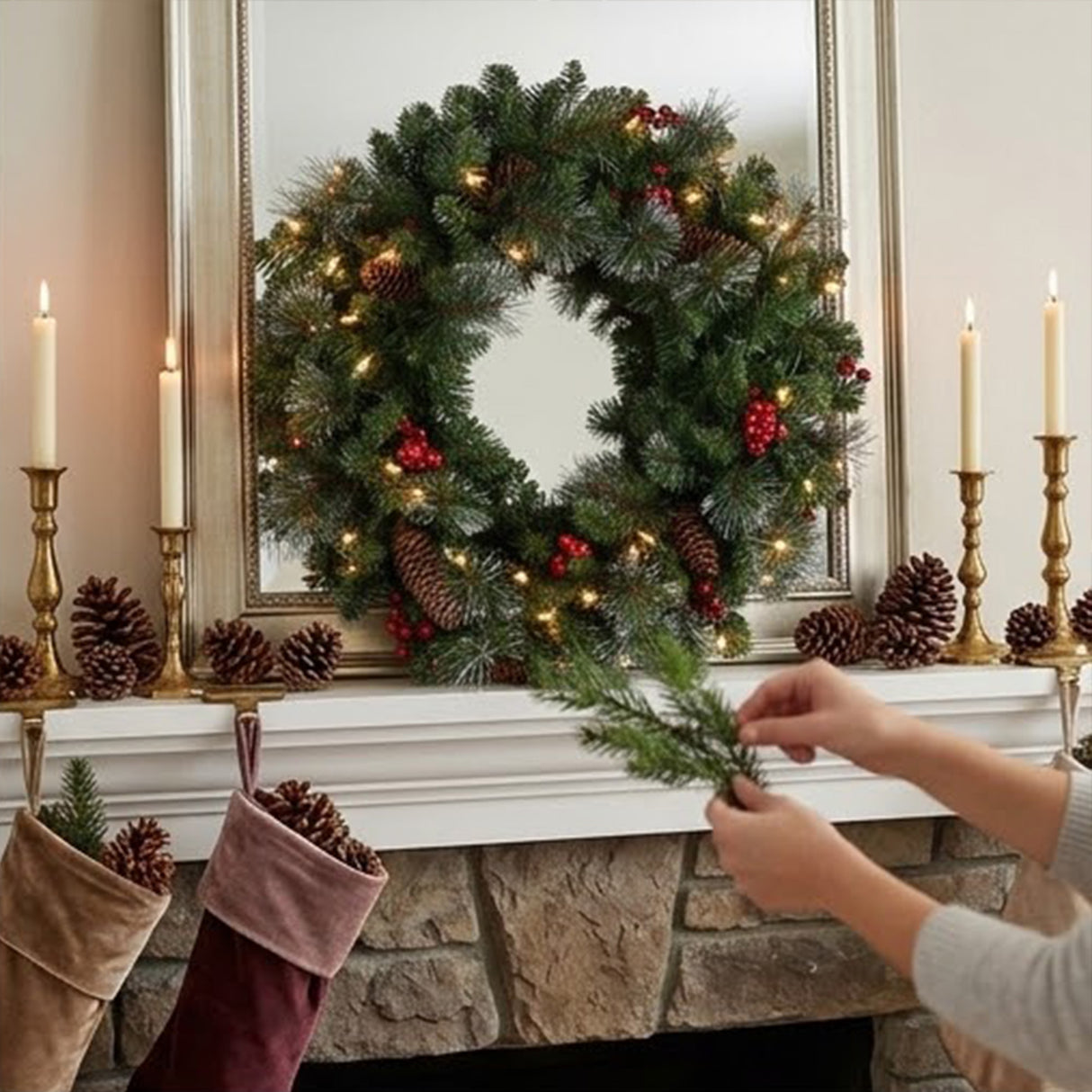Pre-Lit Crestwood Spruce Wreath with Clear Lights, 24 Inch (Plug-In)