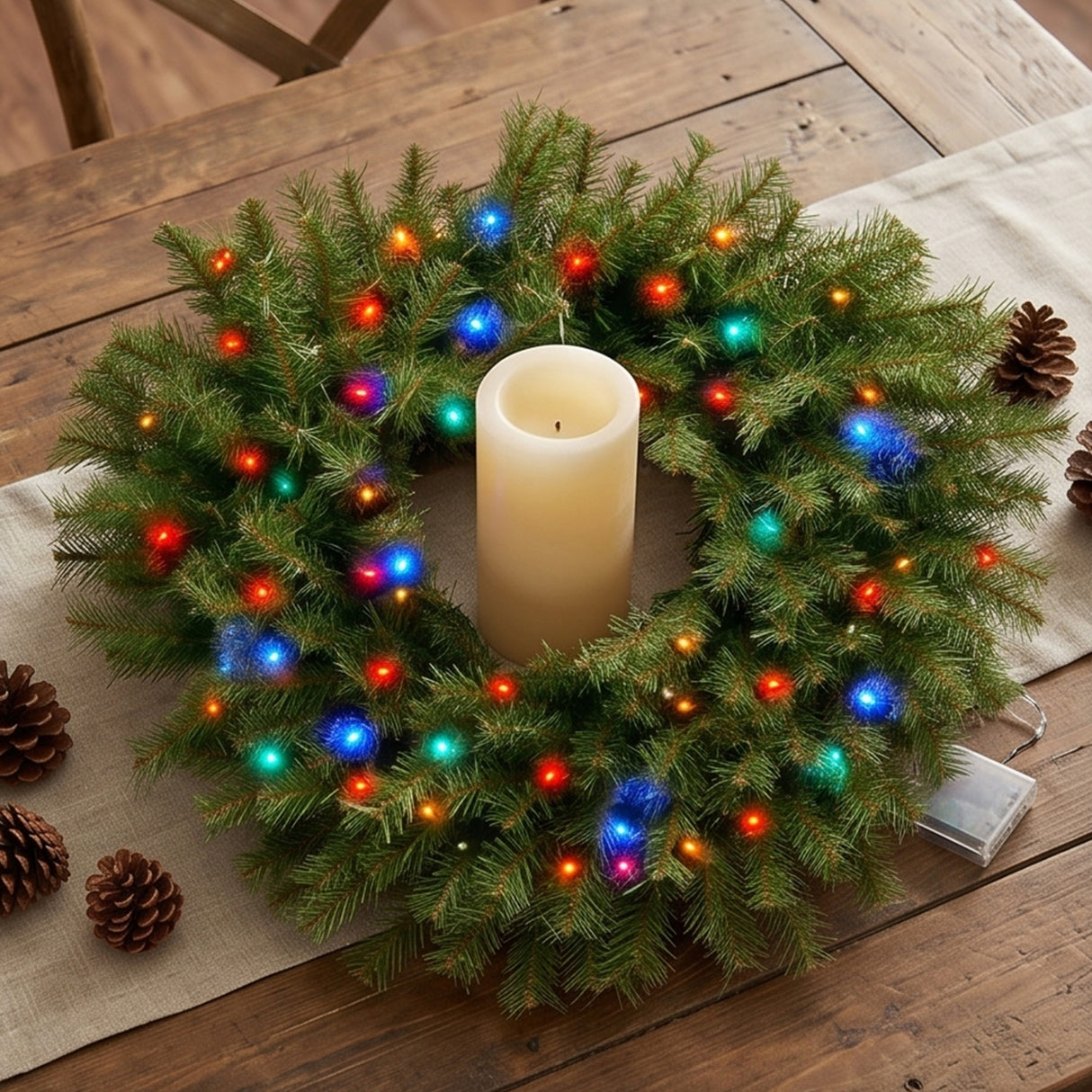 Pre-Lit Norwood Fir Wreath with Multicolor LED Lights, 24 Inch (Battery Operated)