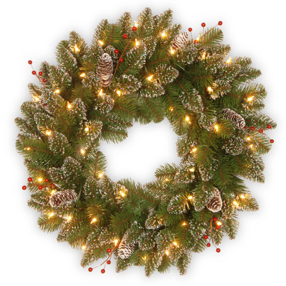 Pre-Lit Glittery Mountain Spruce Wreath with Warm White LED Lights, 24 Inch