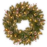 Pre-Lit Glittery Mountain Spruce Wreath with Warm White LED Lights, 24 Inch