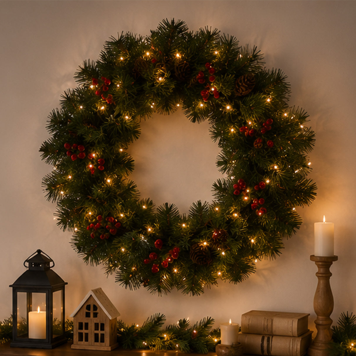 Pre-Lit Crestwood Spruce Wreath with Twinkly Smart LED Lights, 24 Inch