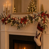 Pre-Lit Snowy General Store Garland with Plaid Bows & LED Lights, 9ft