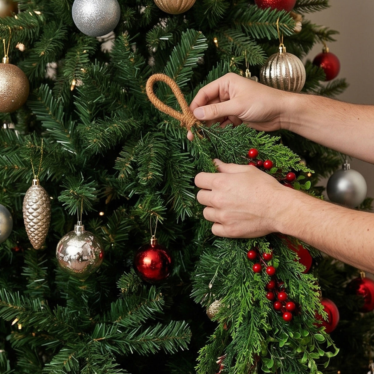 Christmas Classic Garland with Red Berries & Bow, 6 Foot