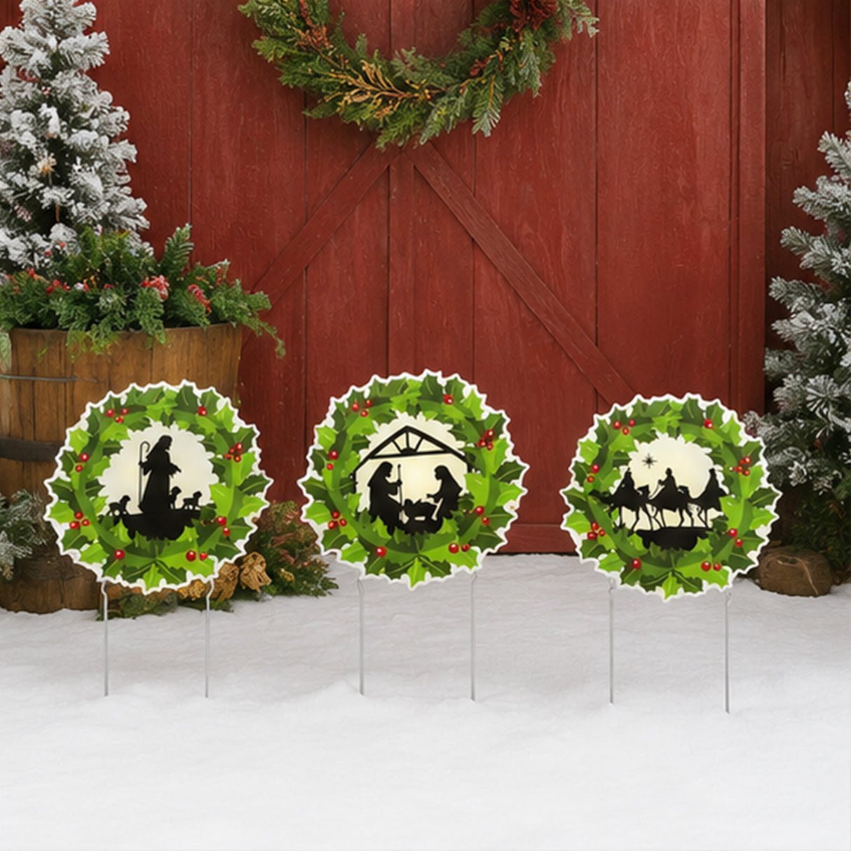 Nativity Wreath Yard Stakes Christmas Outdoor Decor 3 Pc Set