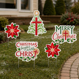 Religious Christmas Yard Sign Set Cross & Poinsettia 5 Pc