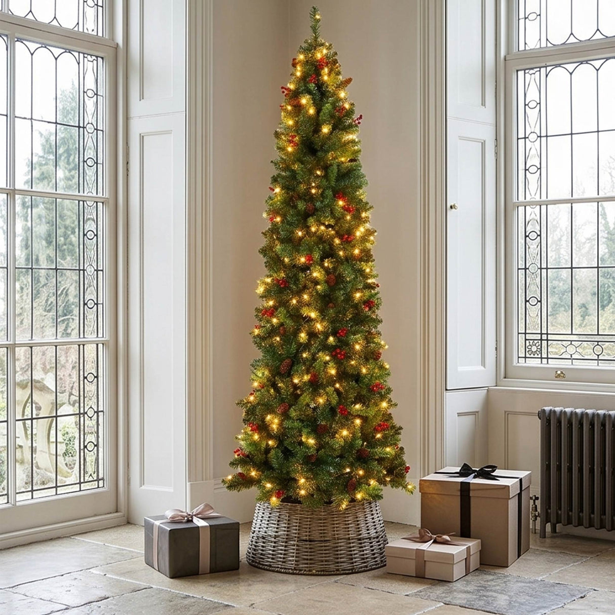 Pre Lit Spruce Pencil Christmas Tree with Pine Cones and Berries
