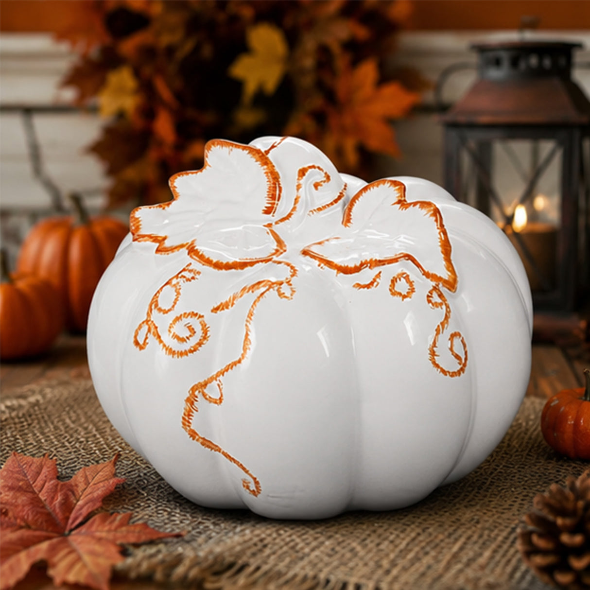 10" White Ceramic Pumpkin with Molded Leaves & Vines Halloween Decoration