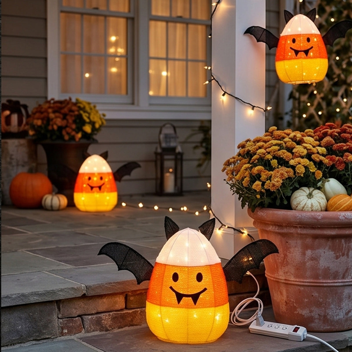 27 in. Halloween Candy Corn Bat Outdoor Lawn Decoration with LED Lights Plug-In