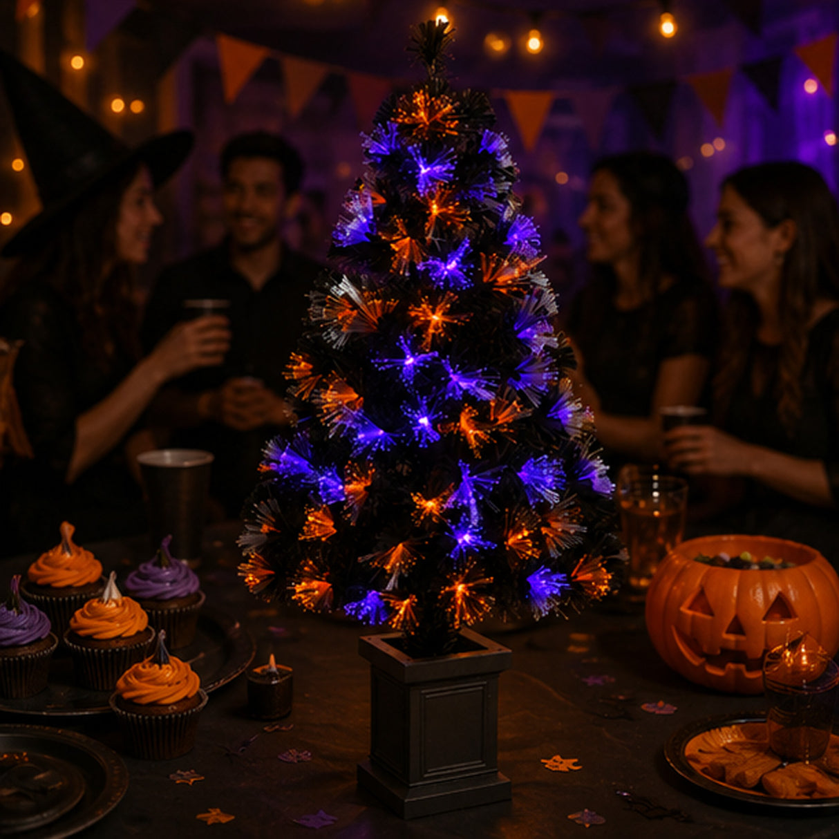 4 ft. Halloween Pre-Lit Black Fiber Optic Tree Decoration with LED Lights Plug-In
