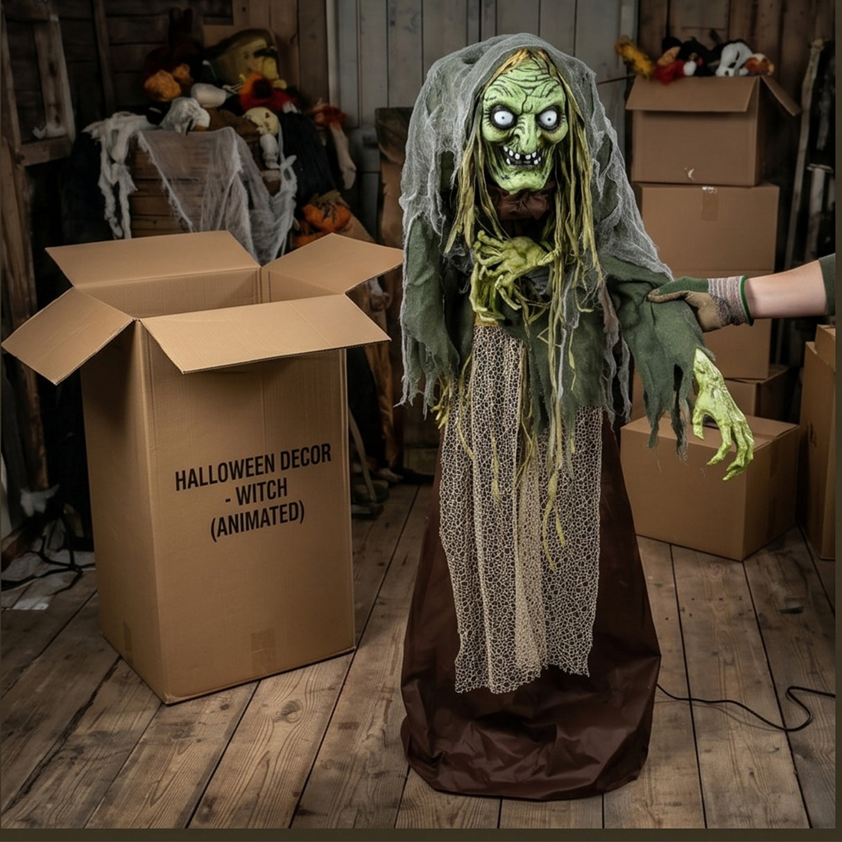 59IN Pre-Lit Animated Sound Activated Green Witch Halloween Decoration