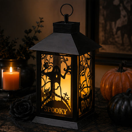 16 in. Halloween Carved Images of Ghosts and Cobwebs Lantern with LED Lights