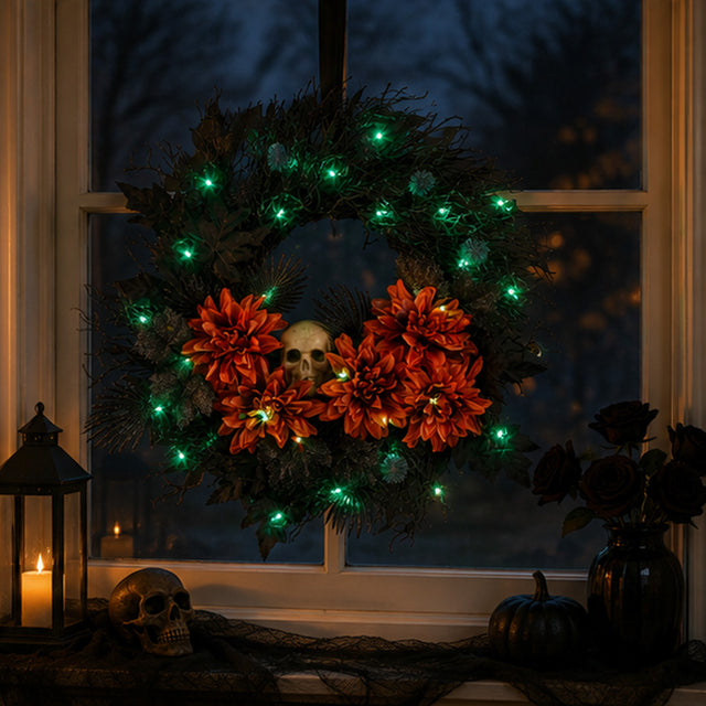 24IN Halloween Boo-tiful Wreath with Orange Florals, Skull & Green LED Lights