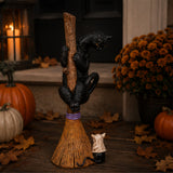 13 in. Halloween Black Cat with a Broom Tabletop Decoration