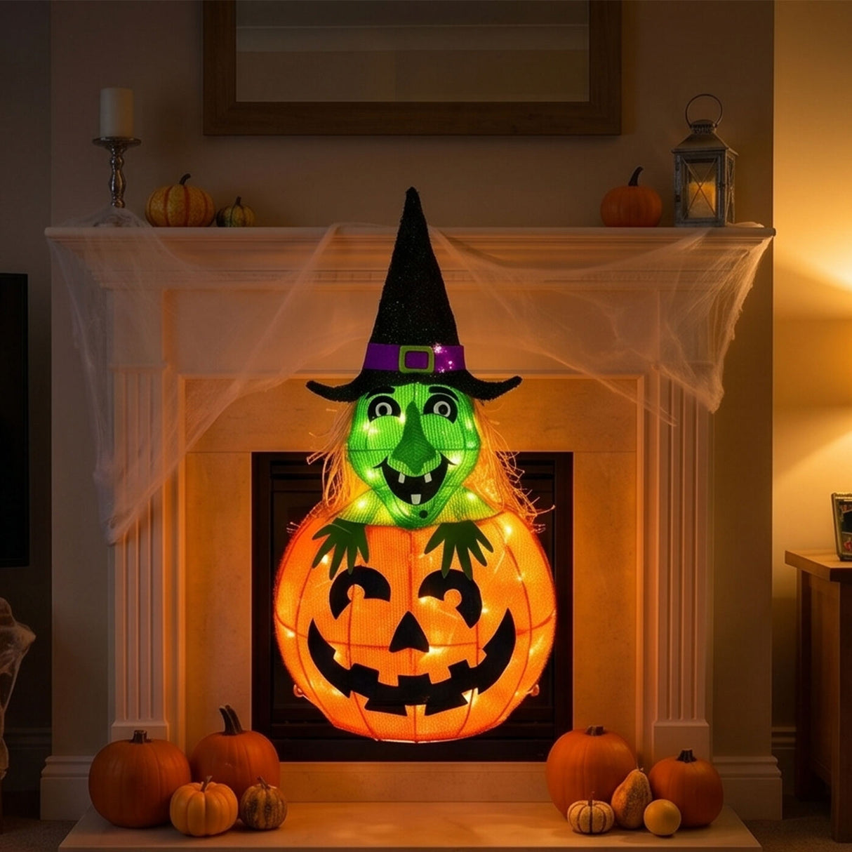 28 in. Halloween Pre-Lit Pumpkin and Witch Lighted Sign Decoration with LED Lights