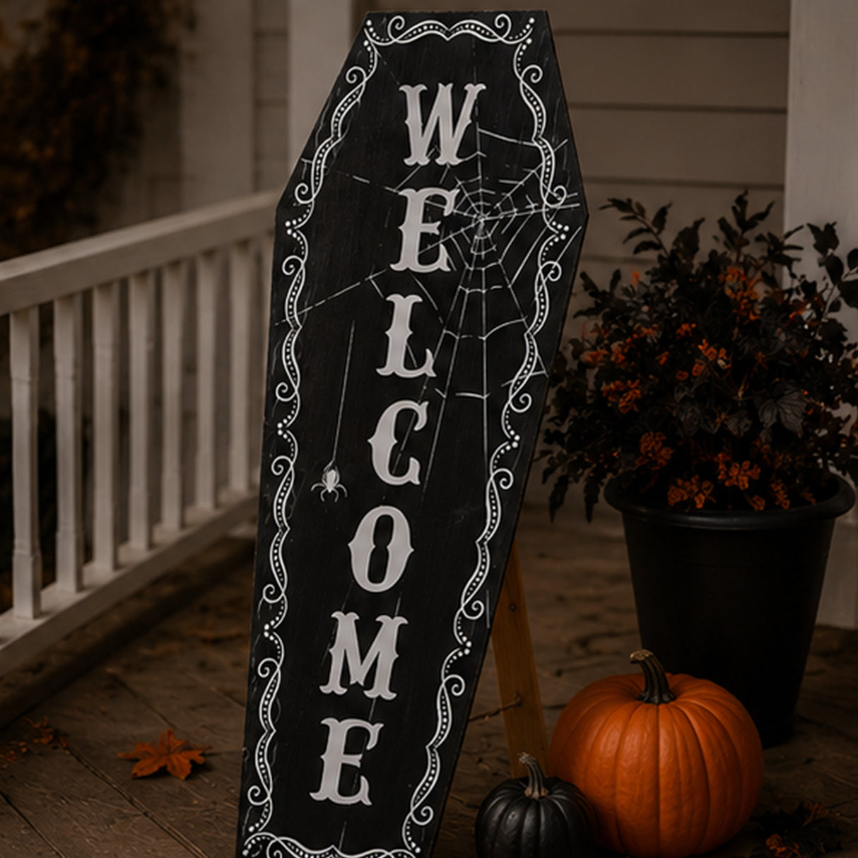 28 in. Halloween Black Coffin “Welcome” Standup Sign Decoration