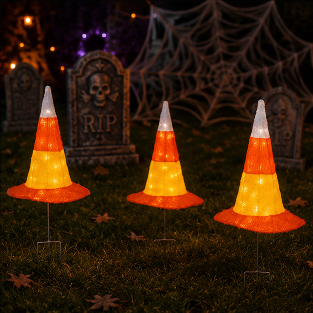 23 in Halloween Candy Corn Witch Hat LED Garden Stake Decor