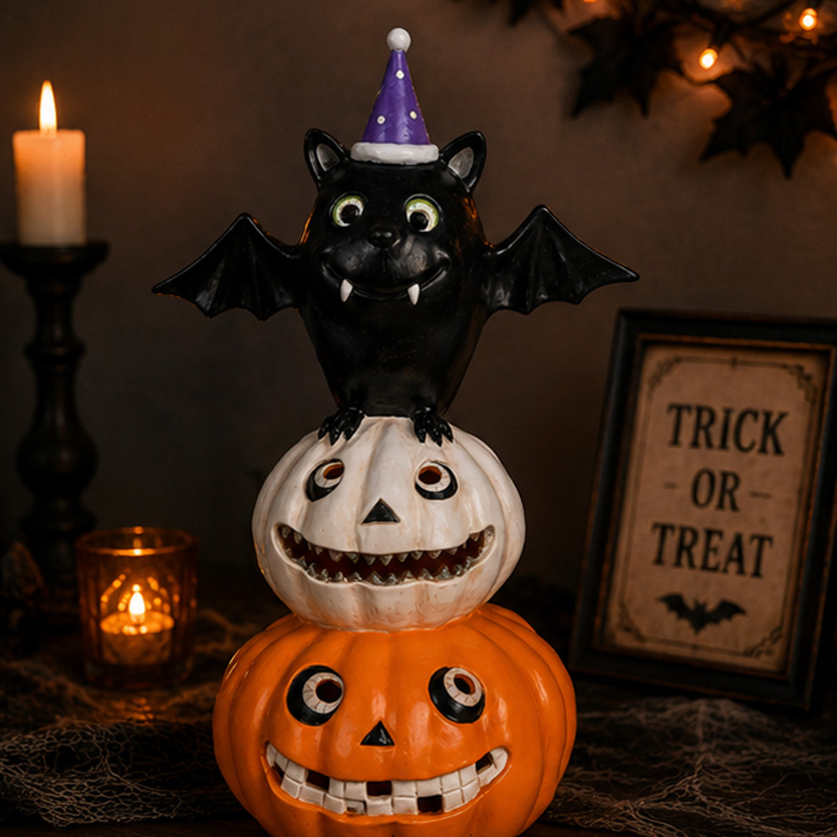 22IN Pre-Lit Bat on Pumpkins Halloween LED Tabletop Decor