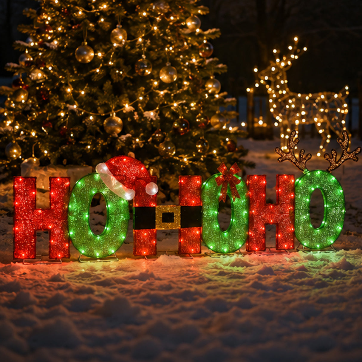 23IN Tinsel Fabric HO HO HO Christmas Sign with Red & Cool White LED Lights Plug-In
