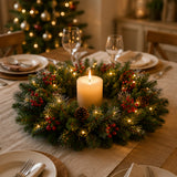 Pre-Lit 24 in. Crestwood Spruce Christmas Wreath with Clear Lights, Pine Cones & Berries, Plug-In Holiday Door Decoration