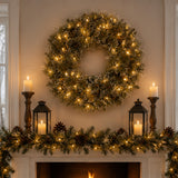 24IN Pre Lit Glittery Bristle Pine Wreath with Smart Twinkly LED Lights