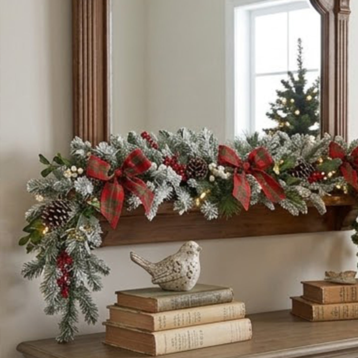Pre-Lit General Store Snowy Garland with Warm White LED Lights, 9 Foot