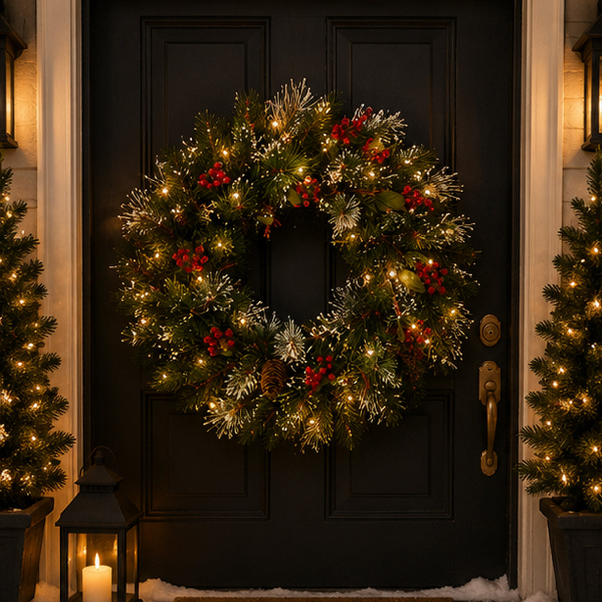 Pre-Lit Wintry Pine Wreath with Warm White LED Lights, 24 Inch