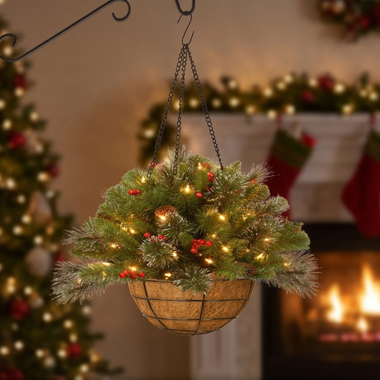 Pre-Lit Crestwood Spruce Hanging Basket with Warm White LED Lights, 20 Inch