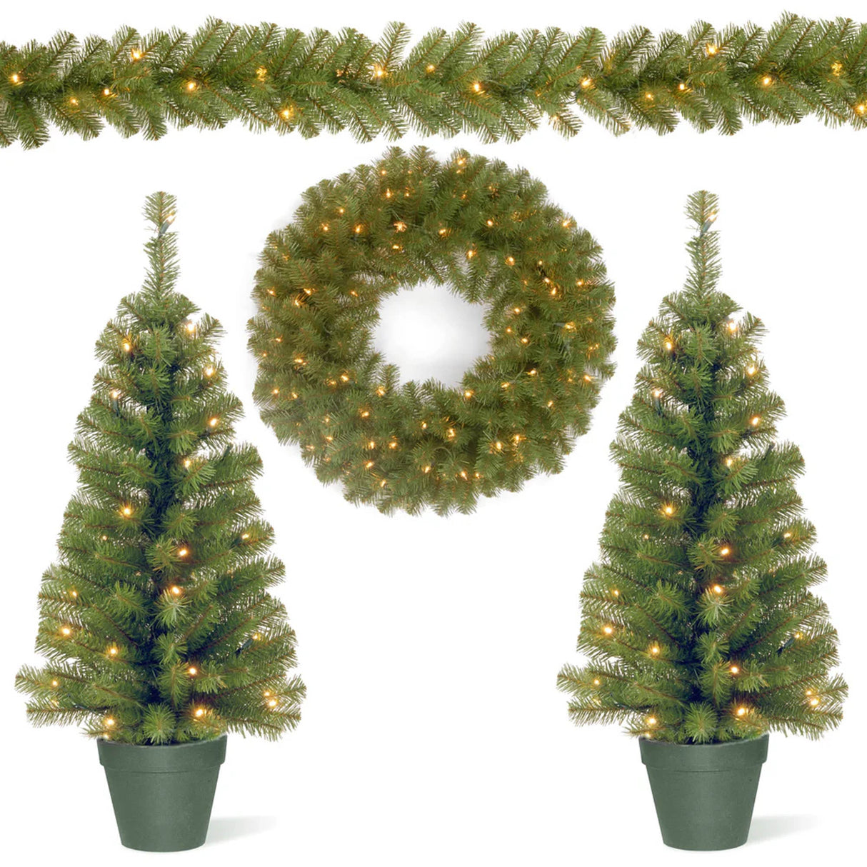 Evergreen Pre-Lit Holiday Assortment Set with Entrance Trees, Wreath & Garland, Battery Operated
