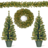 Evergreen Pre-Lit Holiday Assortment Set with Entrance Trees, Wreath & Garland, Battery Operated