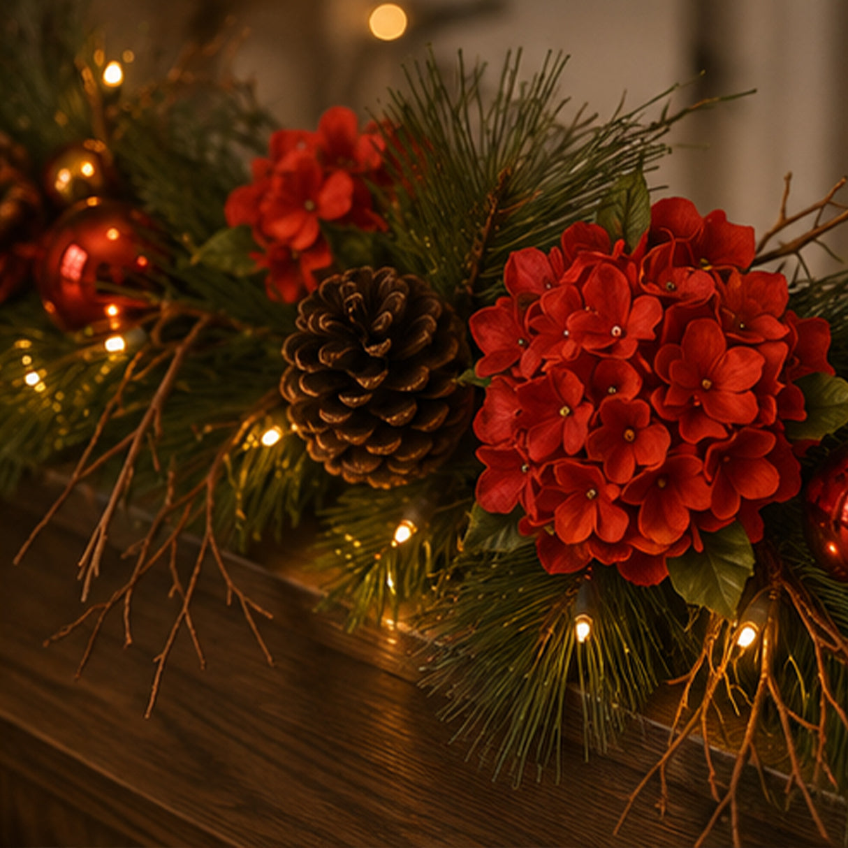 Pre-Lit Hydrangea Pine Christmas Garland with Warm White LED Lights, 9 Foot