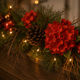 Pre-Lit Hydrangea Pine Christmas Garland with Warm White LED Lights, 9 Foot