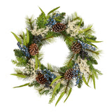 Blueberry Fields Christmas Wreath with Pinecones & Berries, 24 Inch Holiday Decor