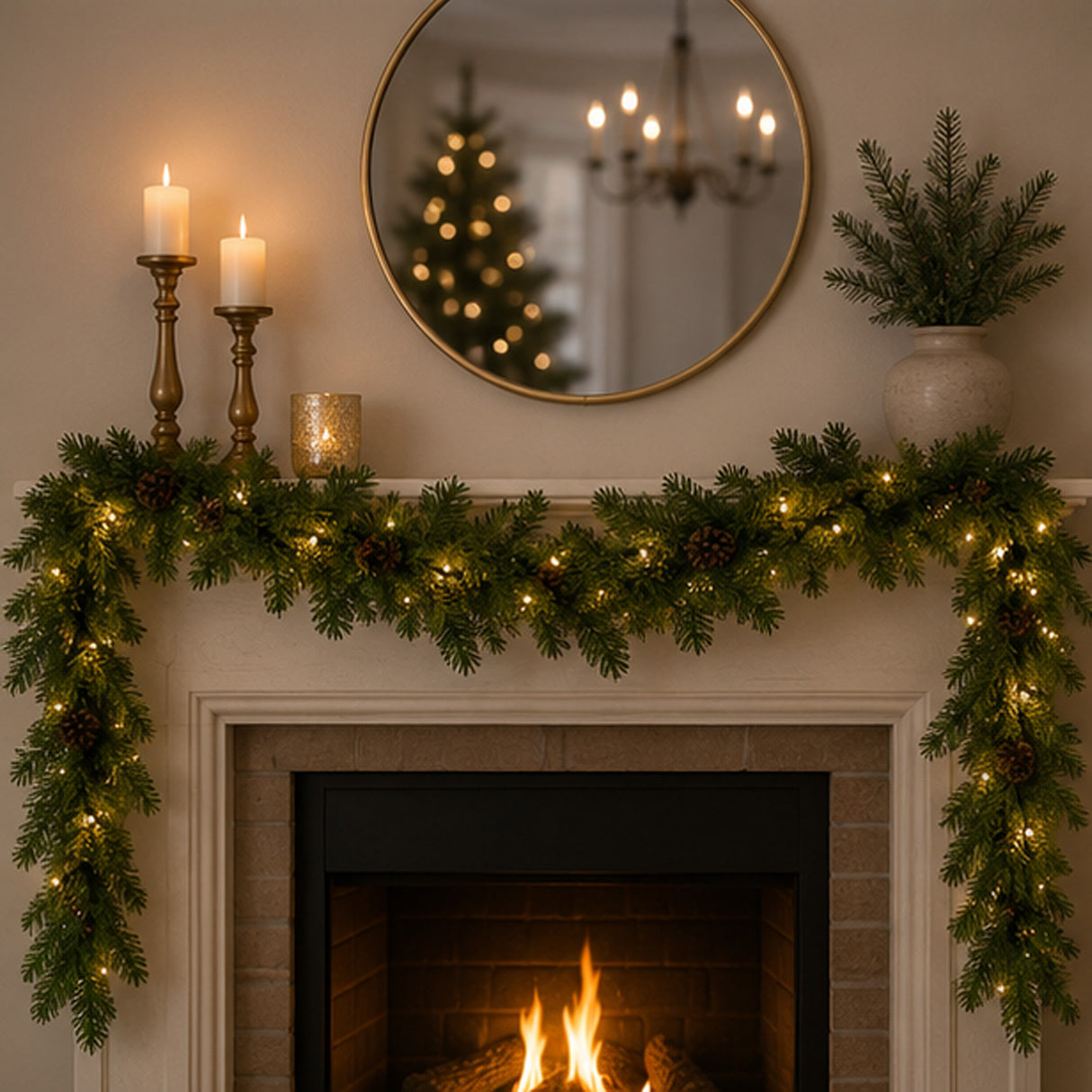 Pre-Lit Cedar Garland with Pinecones & Warm White LED Lights, Plug-In