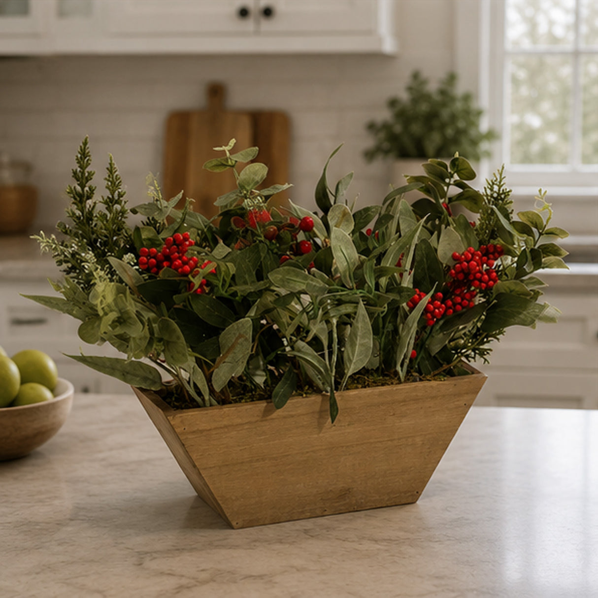 Christmas Eucalyptus & Berry Centerpiece in Wooden Box Table Decor