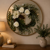 26in Mixed Greens Christmas Wreath with White Flowers & Pinecones