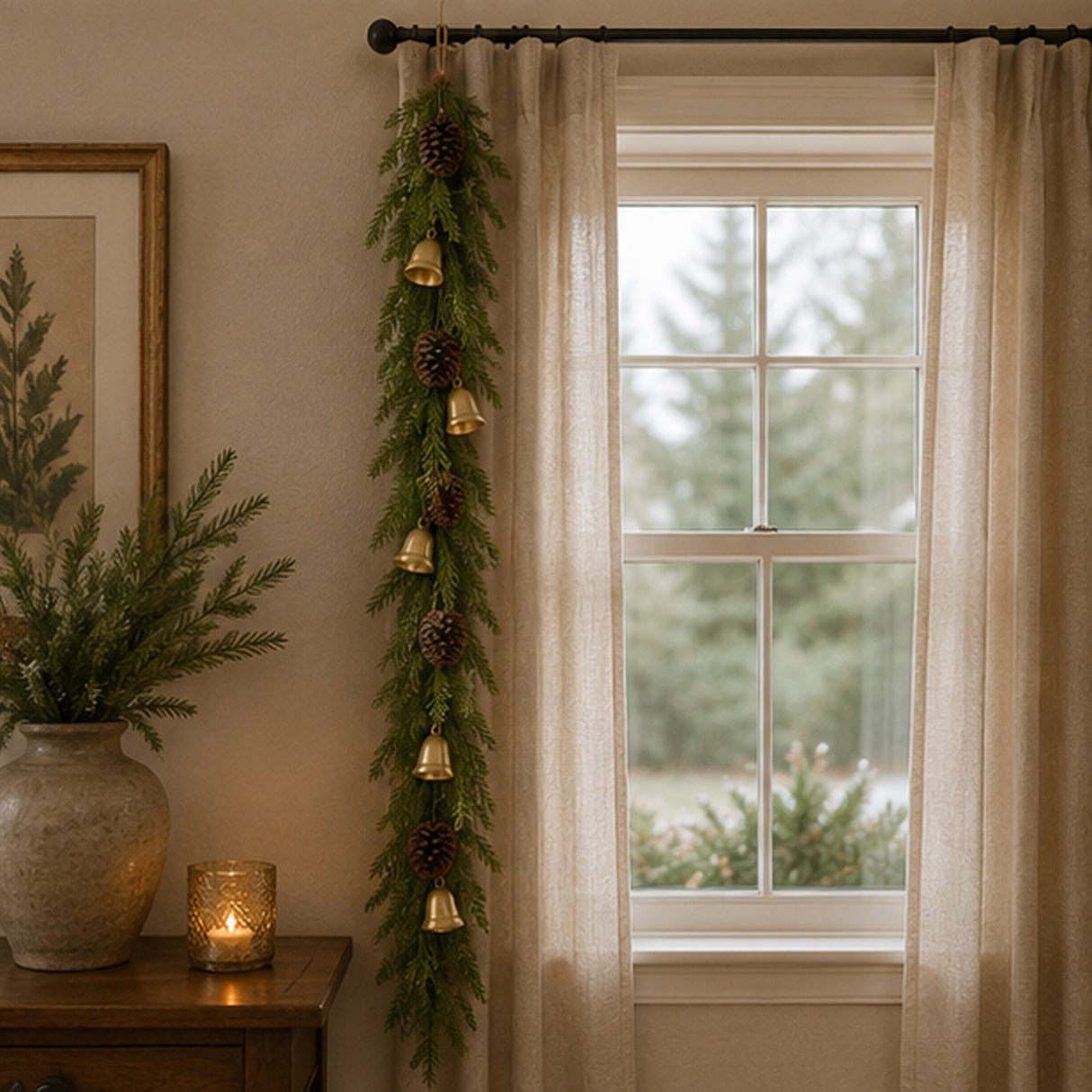 Christmas Bells Pine Garland with Pinecones & Gold Bell Accents, 6ft
