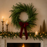 Christmas Cottage Wreath with Red Bow, 24 Inch Holiday Door Decor