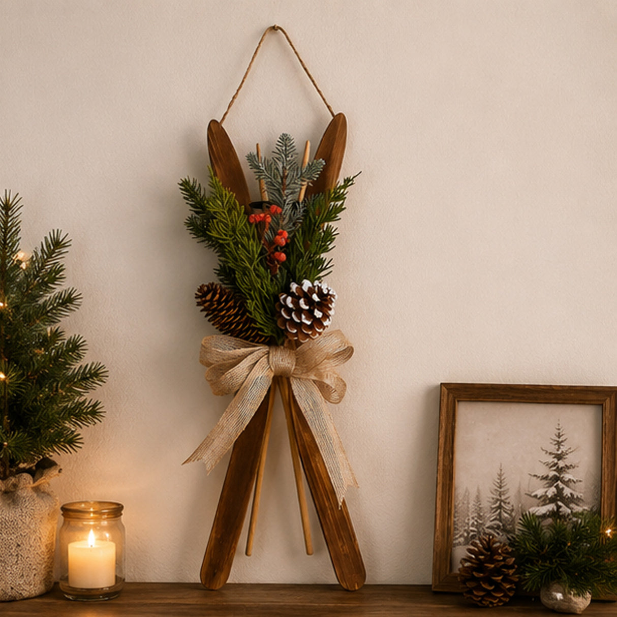 17in Holiday Skis Wall Decor with Berries, Pinecones & Bow
