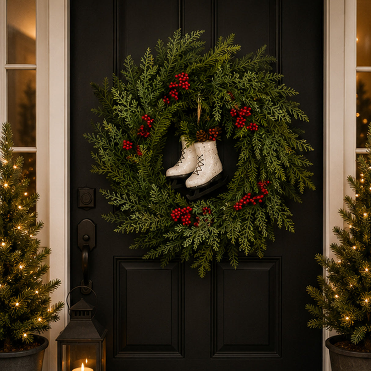 Winter Skates Wreath with Red Berries, 22 Inch Holiday Door Decor