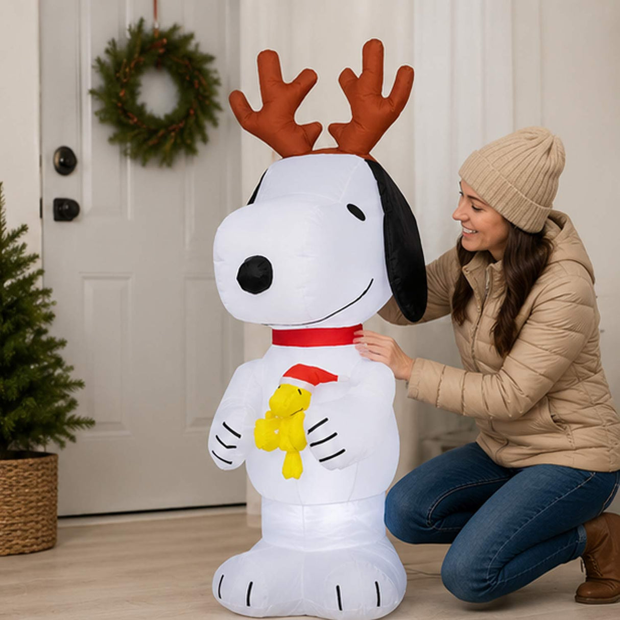 4 Ft. Airblown Inflatable Peanuts Snoopy with Antlers & Woodstock Christmas Yard Decoration