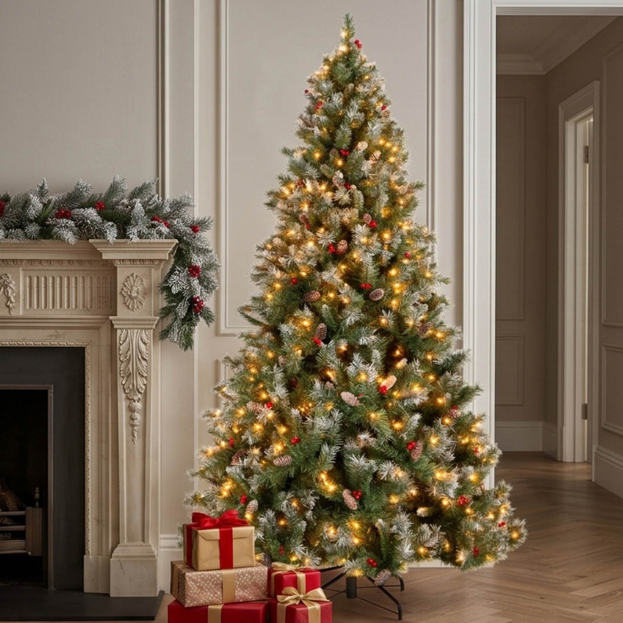 Pre Lit Christmas Pine Tree with Pine Cones Berries Flocked Branches